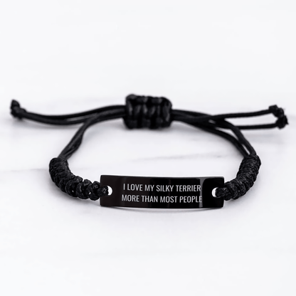 Funny Silky Terrier Dog Gifts for Men, 'I Love My Silky Terrier More Than Most People', Black Rope Adjustable Bracelet, Father's Day Unique Gifts from Family - Victory Thru Vision