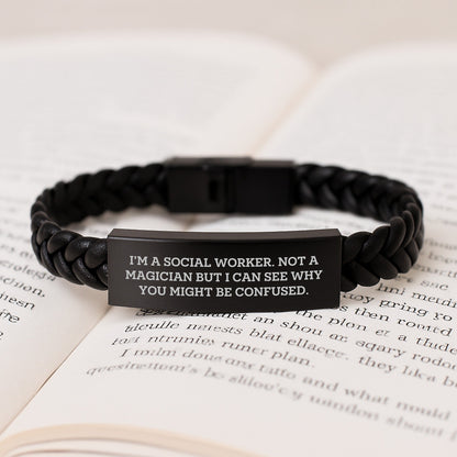 Funny Social Worker Gifts, Interlaced Leather Birthday Presents from Friends, Gifts for Social Worker Men with Engraved Quote - Victory Thru Vision