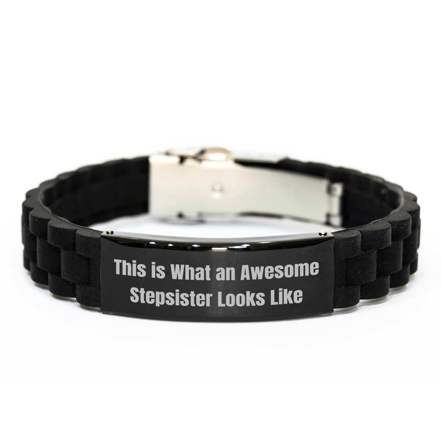 Funny Stepsister Gifts from Mom - This Is What An Awesome Stepsister Looks Like, Glide lock Clasp Adjustable Black Stainless Steel Silicone Graduation Unique Gifts for Stepsister - Victory Thru Vision 