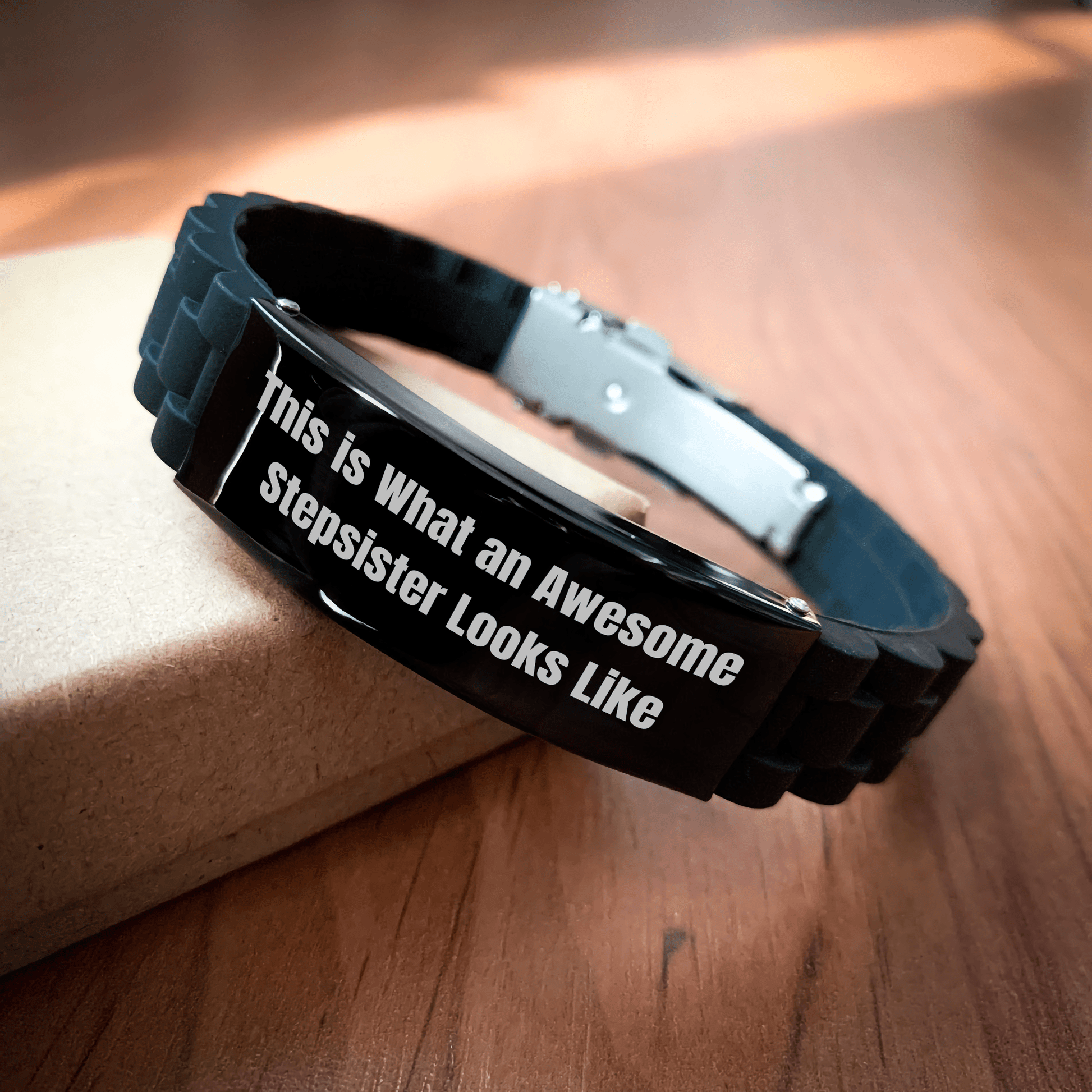 Funny Stepsister Gifts from Mom - This Is What An Awesome Stepsister Looks Like, Glide lock Clasp Adjustable Black Stainless Steel Silicone Graduation Unique Gifts for Stepsister - Victory Thru Vision 