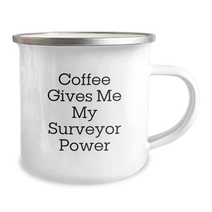 Funny Surveyor Gifts for Men - 'Coffee Gives Me My Surveyor Power' Enamel Camping Mug, 12 oz, Gifts from Friends, Birthday Unique Gifts for Surveyor - Victory Thru Vision