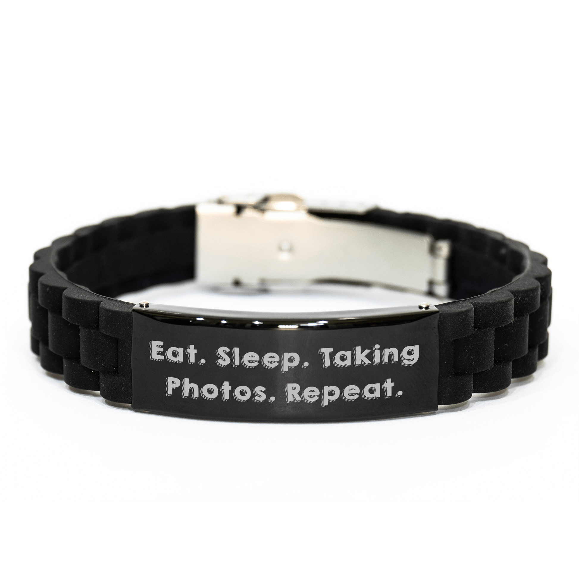 Funny Taking Photos Gifts for Men - Eat. Sleep. Taking Photos. Repeat. Glide lock Clasp Black Stainless Steel Silicone Adjustable Gift for Photographers from Family - Victory Thru Vision