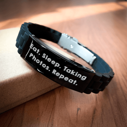 Funny Taking Photos Gifts for Men - Eat. Sleep. Taking Photos. Repeat. Glide lock Clasp Black Stainless Steel Silicone Adjustable Gift for Photographers from Family - Victory Thru Vision