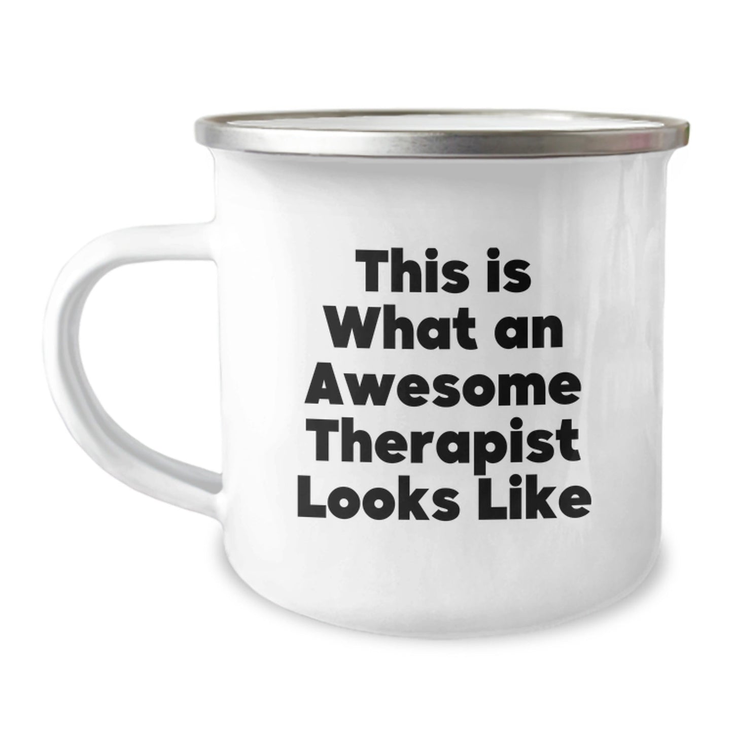 Funny Therapist Gifts from Friends for Graduation - 'This Is What An Awesome Therapist Looks Like' Quote on Camping Mug, 12 oz Stainless Steel with Enamel Finish - Victory Thru Vision