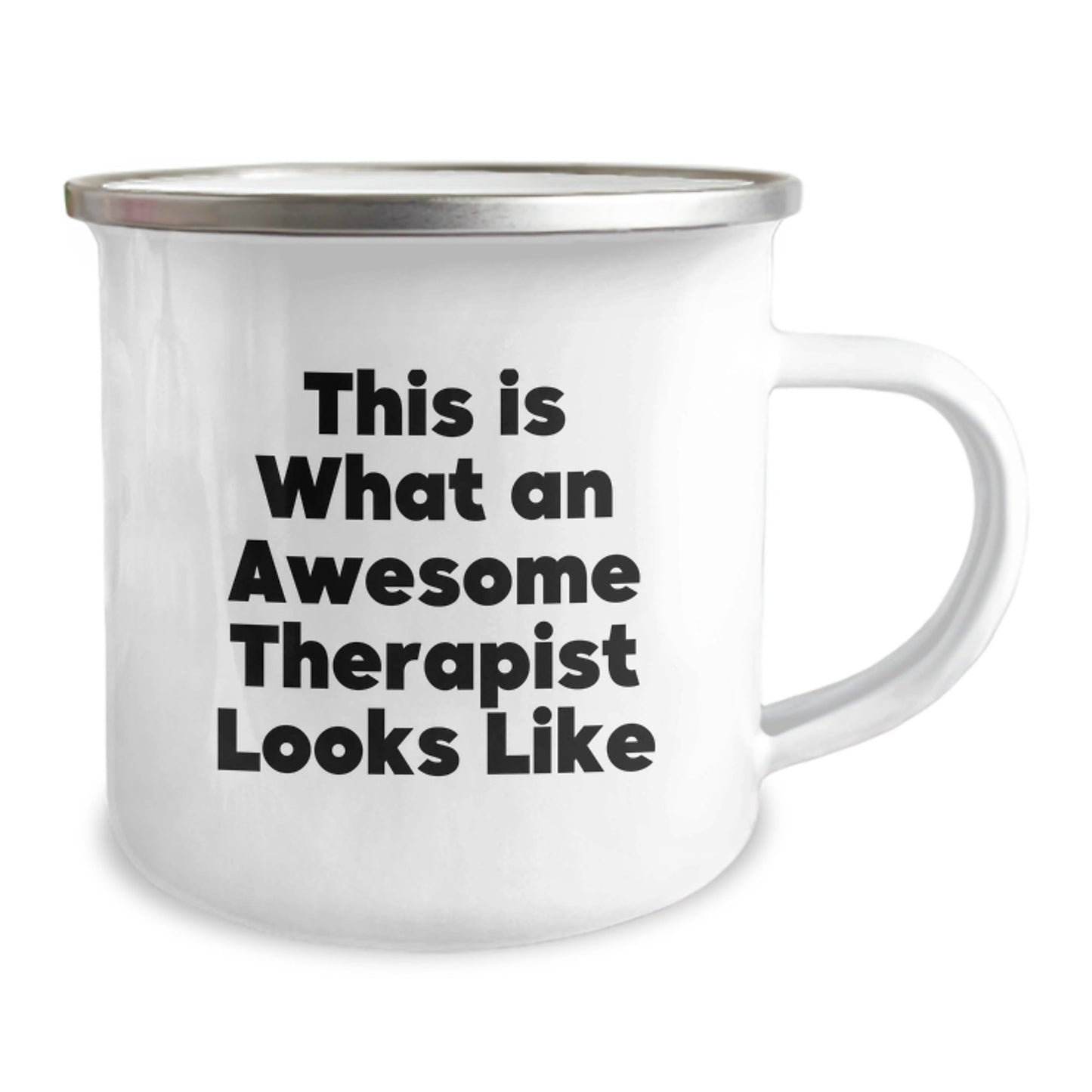 Funny Therapist Gifts from Friends for Graduation - 'This Is What An Awesome Therapist Looks Like' Quote on Camping Mug, 12 oz Stainless Steel with Enamel Finish - Victory Thru Vision