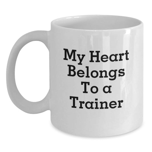 Funny Trainer Gifts from Family, Unique White Coffee Mug for Trainer Lover on Graduation, 'My Heart Belongs To A Trainer' Quote, White Ceramic Mug, Microwave and Dishwasher Safe - Victory Thru Vision