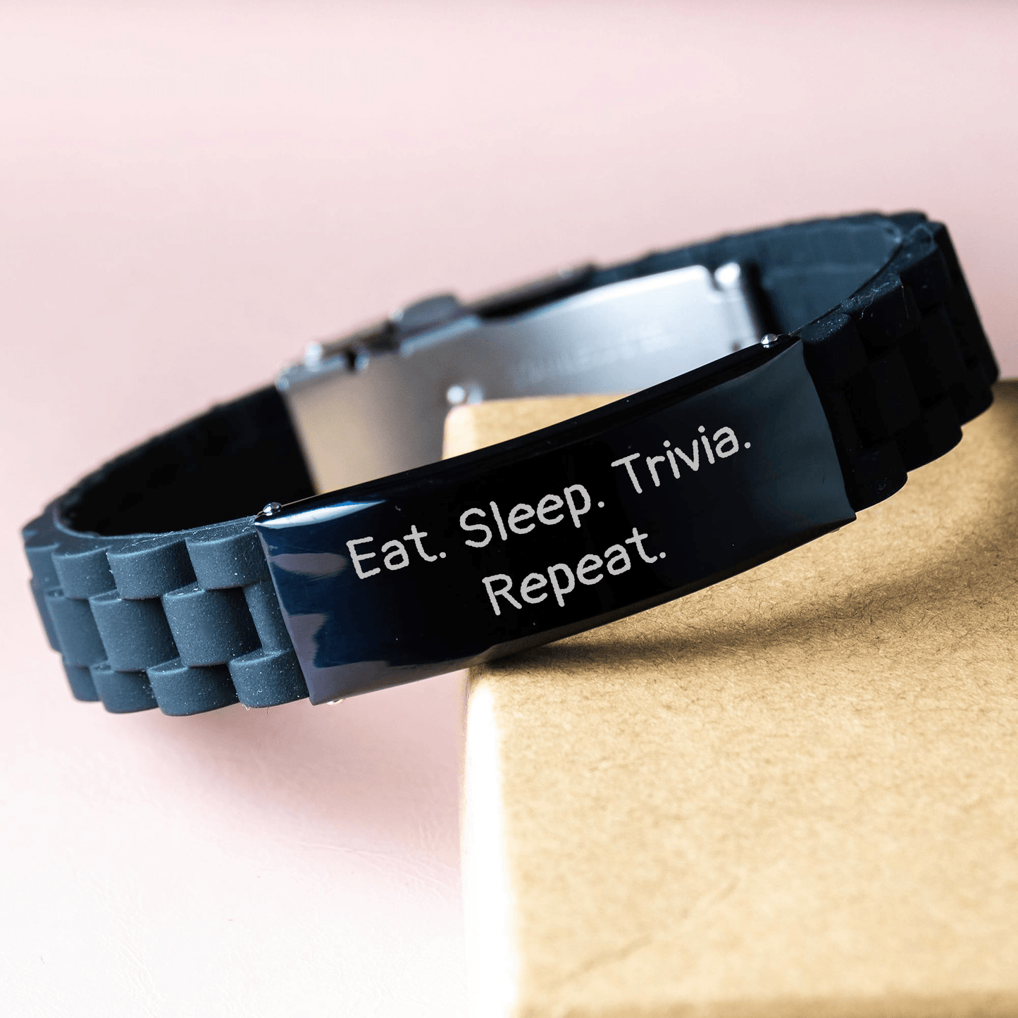 Funny Trivia Gifts for Men, Eat. Sleep. Trivia. Repeat. Glide lock Clasp Bracelet, Adjustable Trivia Jewelry for Graduation, Gifts from Friends - Unique Trivia Gifts for Him - Victory Thru Vision 