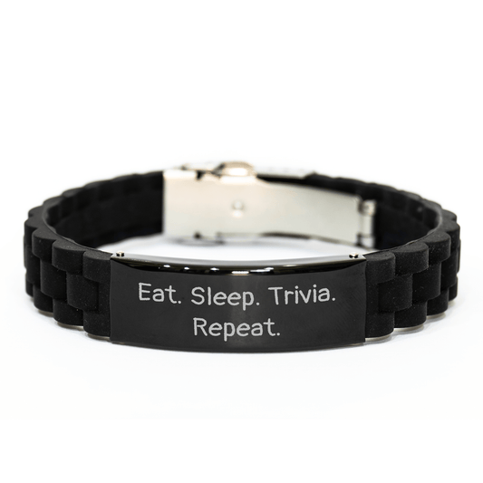 Funny Trivia Gifts for Men, Eat. Sleep. Trivia. Repeat. Glide lock Clasp Bracelet, Adjustable Trivia Jewelry for Graduation, Gifts from Friends - Unique Trivia Gifts for Him - Victory Thru Vision 
