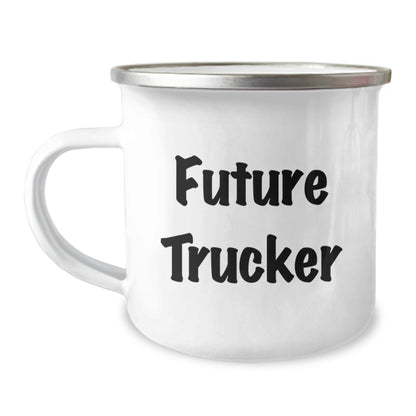 Funny Trucker Gifts from Friends for Future Trucker Graduation, Camping Mug for Him, 'Future Trucker' Quote Inside, 12 oz Stainless Steel with Enamel Finish - Victory Thru Vision