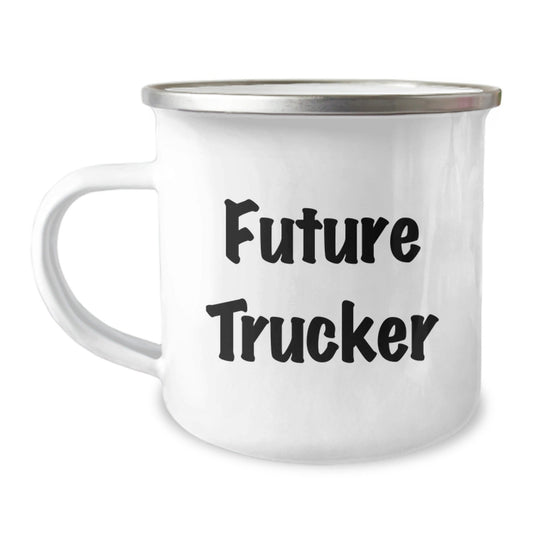 Funny Trucker Gifts from Friends for Future Trucker Graduation, Camping Mug for Him, 'Future Trucker' Quote Inside, 12 oz Stainless Steel with Enamel Finish - Victory Thru Vision