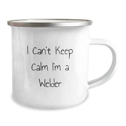 Funny Welder Gifts for Him from Family - 'I Can't Keep Calm I'm A Welder' Enamel Camping Mug, 12 oz, Stainless Steel, Perfect for Graduation - Victory Thru Vision