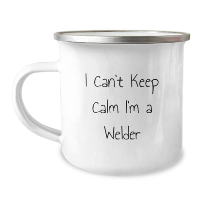 Funny Welder Gifts for Him from Family - 'I Can't Keep Calm I'm A Welder' Enamel Camping Mug, 12 oz, Stainless Steel, Perfect for Graduation - Victory Thru Vision