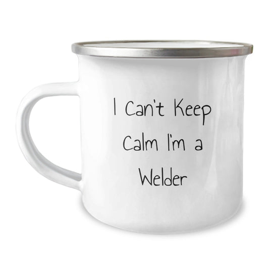 Funny Welder Gifts for Him from Family - 'I Can't Keep Calm I'm A Welder' Enamel Camping Mug, 12 oz, Stainless Steel, Perfect for Graduation - Victory Thru Vision