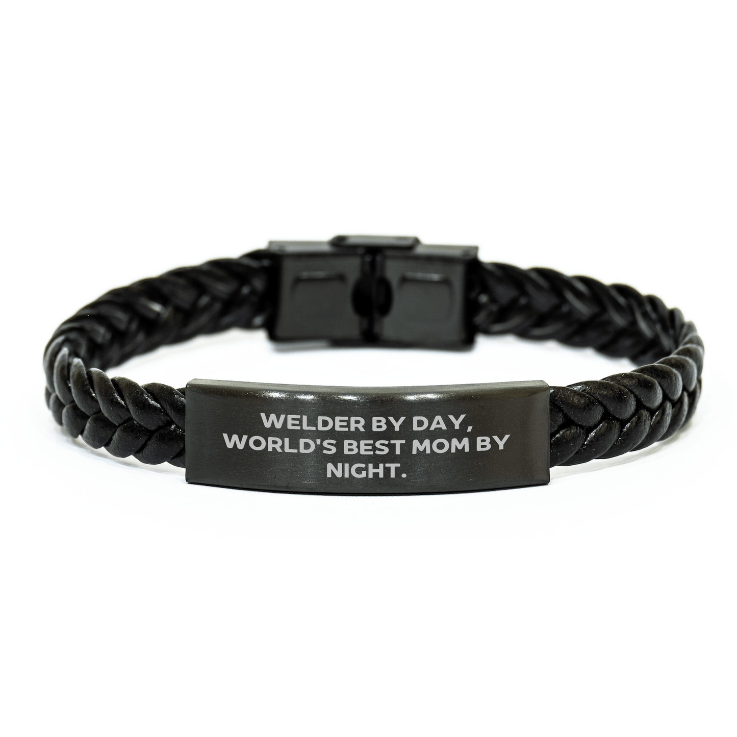 Funny Welder Gifts from Mom - Interlaced Leather Bracelet for Welder By Day, World's Best Mom By Night. - Father's Day Unique Gifts for Him - Victory Thru Vision 