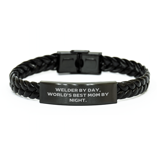 Funny Welder Gifts from Mom - Interlaced Leather Bracelet for Welder By Day, World's Best Mom By Night. - Father's Day Unique Gifts for Him - Victory Thru Vision 