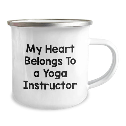 Funny Yoga Instructor Gifts from Friends for Graduation, 'My Heart Belongs To A Yoga Instructor' Enamel Camping Mug, 12 oz Stainless Steel - Victory Thru Vision
