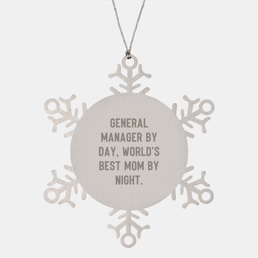 General Manager Gifts, Snowflake Ornament, Funny Quote Christmas Ornament, Gifts from Family, General Manager by Day, World's Best Mom by Night - Victory Thru Vision 
