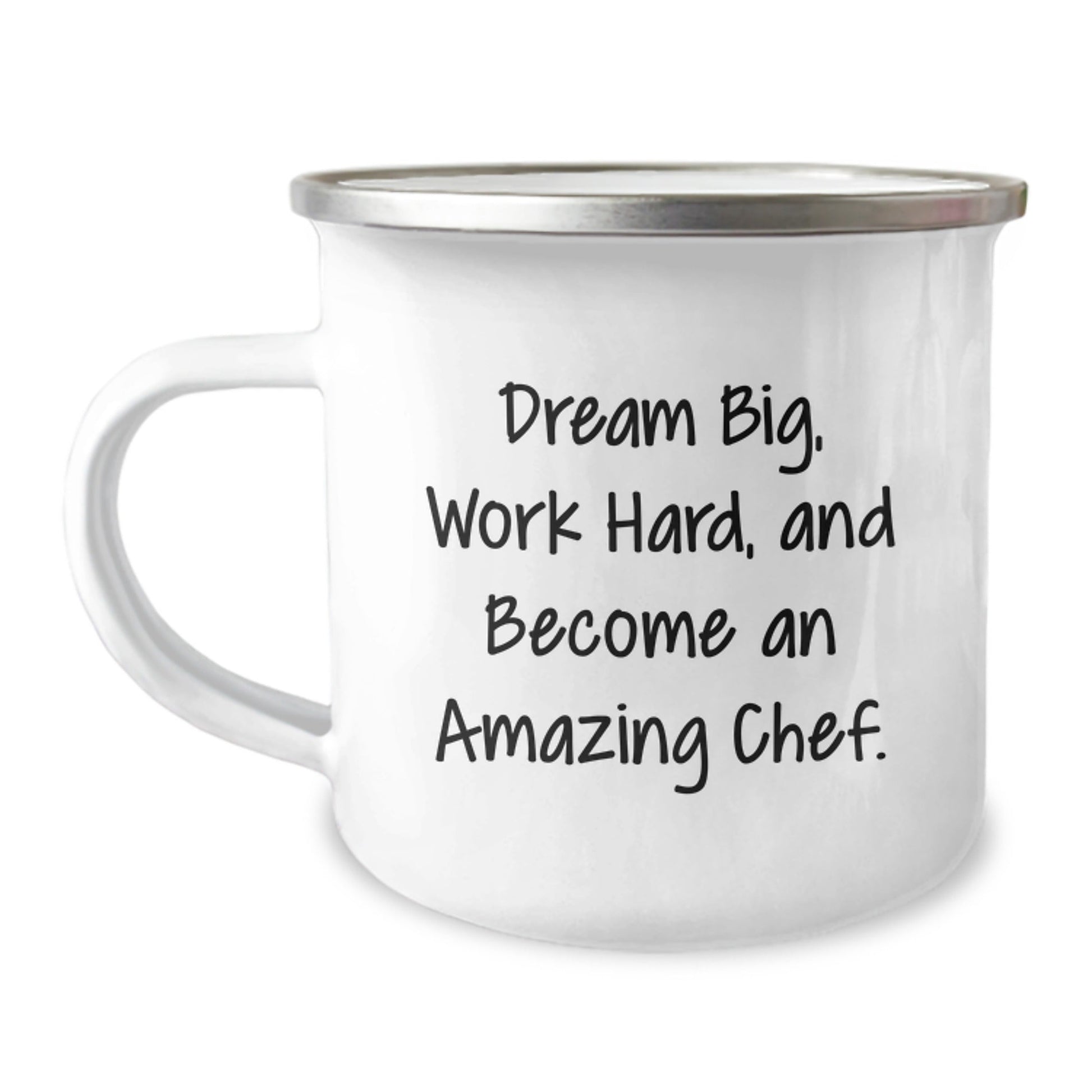 Gifts from Friends for Amazing Chef Graduation, 'Dream Big, Work Hard, And Become An Amazing Chef.' Funny Chef Camping Mug, 12 oz capacity, Stainless Steel with Enamel Finish - Victory Thru Vision