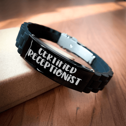 Gifts from Friends, Funny Quote Certified Receptionist Gifts, Adjustable Glide lock Clasp Receptionist Bracelet for Men's Father's Day Unique Gifts - Victory Thru Vision