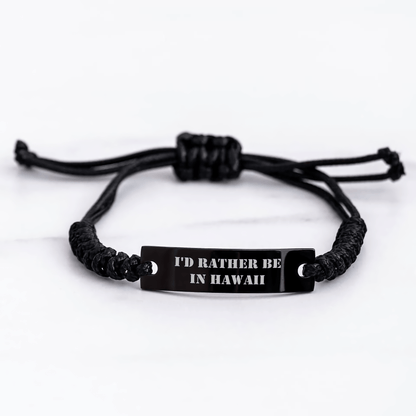 Gifts from Friends to Hawaii Lovers, I'd Rather Be In Hawaii Rope Bracelet, Adjustable Black Stainless Steel with Interlaced Rope, Unique Graduation Gift for Men and Women - Victory Thru Vision 
