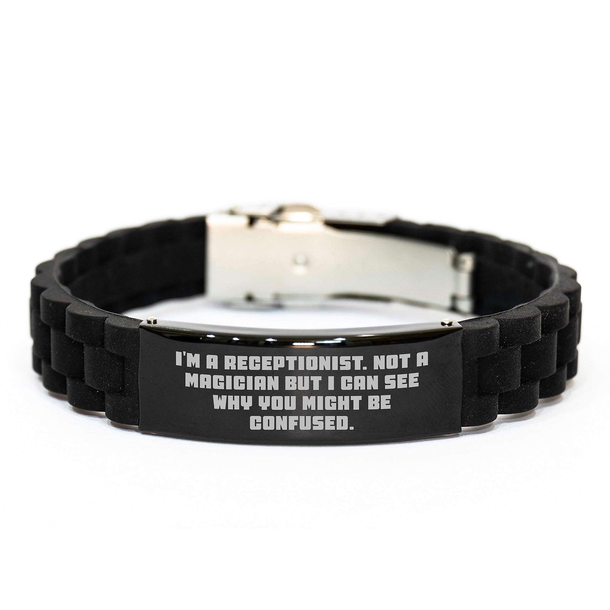 Funny Receptionist Gifts for Women - Glide lock Clasp Bracelet Black Stainless Steel Christmas Memorable Presents from Coworkers - Image 1