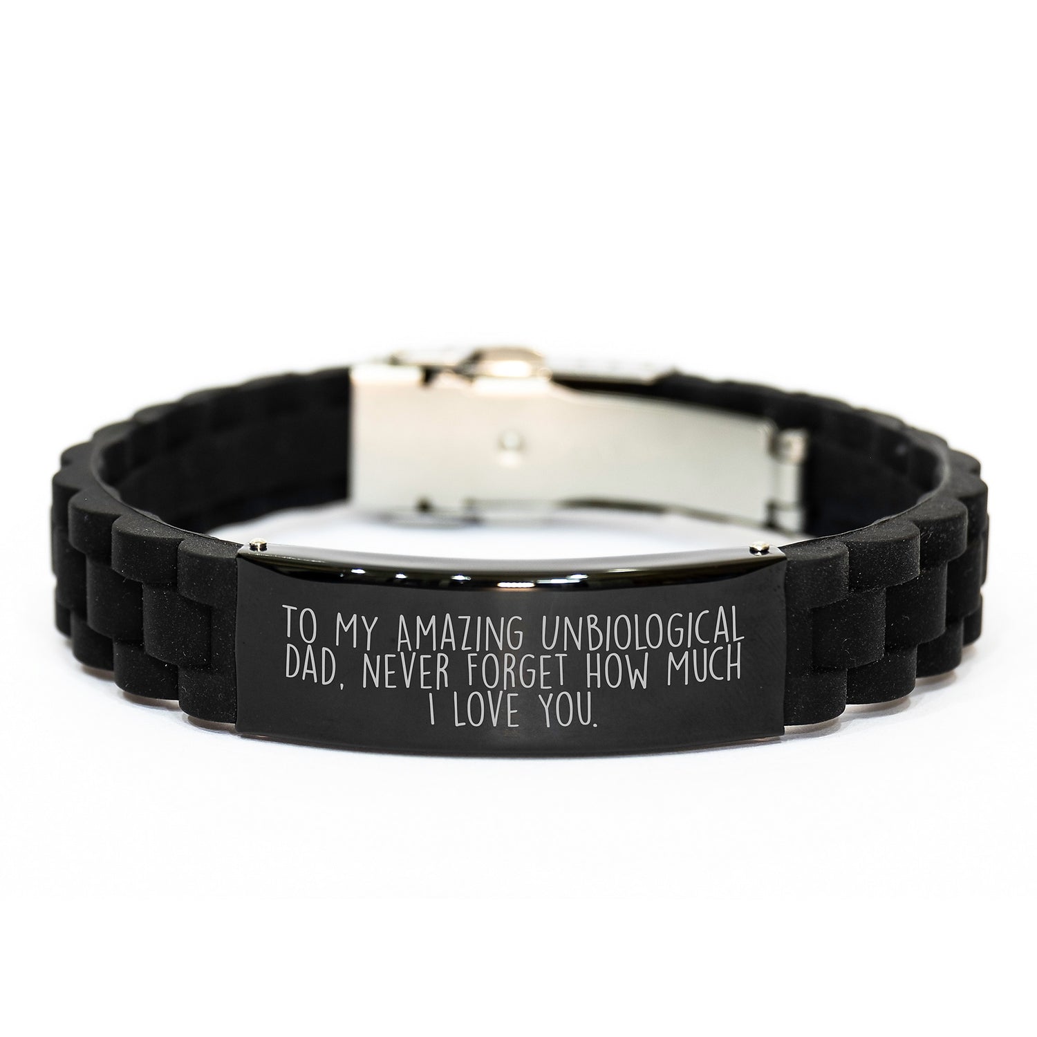 Funny Unbiological Dad Gifts for Him, 'To My Amazing Unbiological Dad, Never Forget How Much I Love You.' Glide lock Clasp Black Stainless Steel Bracelet, Christmas Unique Gifts from Men - Image 1