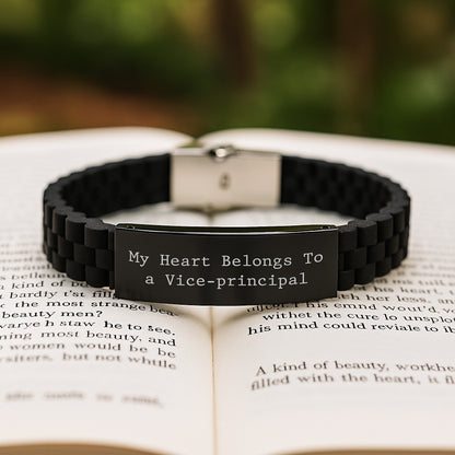 Funny Vice-principal Gifts for Men - 'My Heart Belongs To A Vice-principal' Glide lock Clasp Bracelet, Adjustable Black Stainless Steel Christmas Unique - Image 2