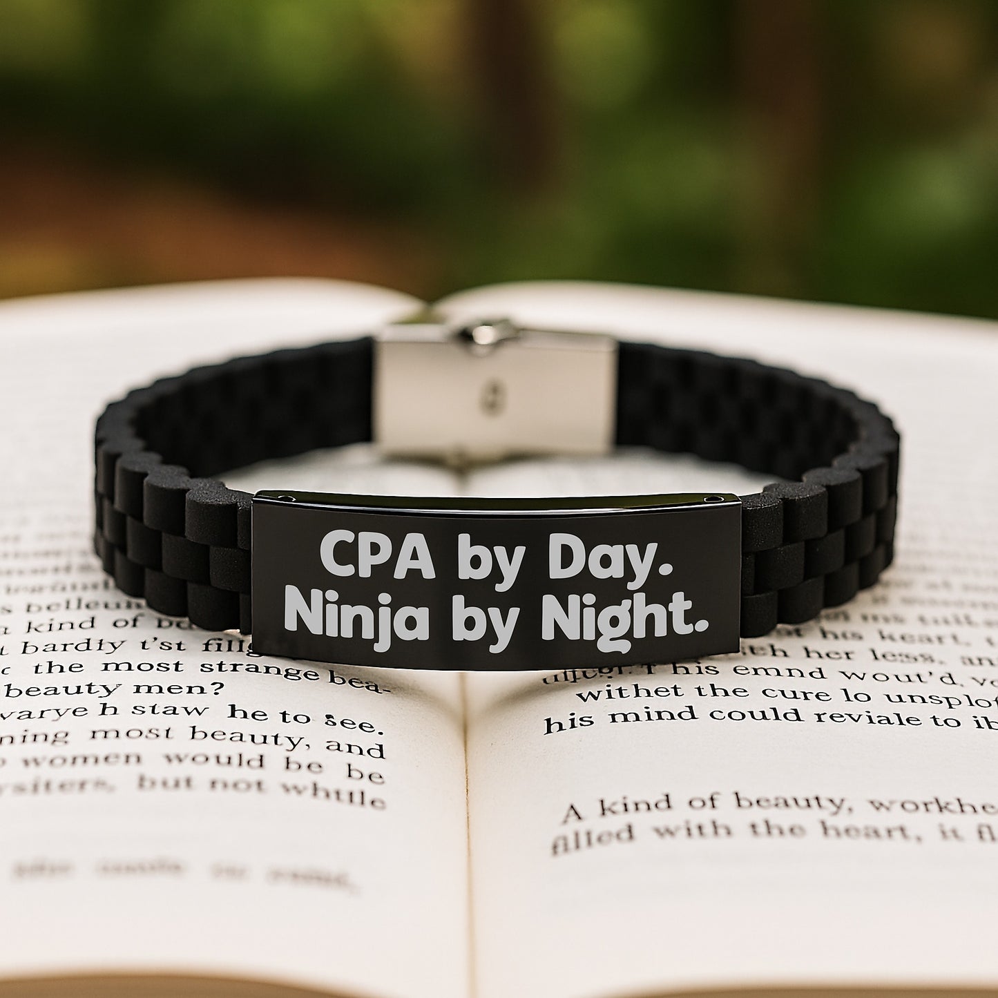 CPA Ninja Gift by Day, Funny Clasp by Night, Glide lock Birthday Unique Gift for Men or Women, 'Cpa By Day. Ninja By Night.' Quote, Black Stainless Steel and Silicone Adjustable Clasp - Image 2