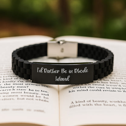 'I'd Rather Be In Rhode Island' Glide lock Clasp Black Stainless Steel Silicone Adjustable Graduation Gift for Men from Rhode Island Lovers - Image 2
