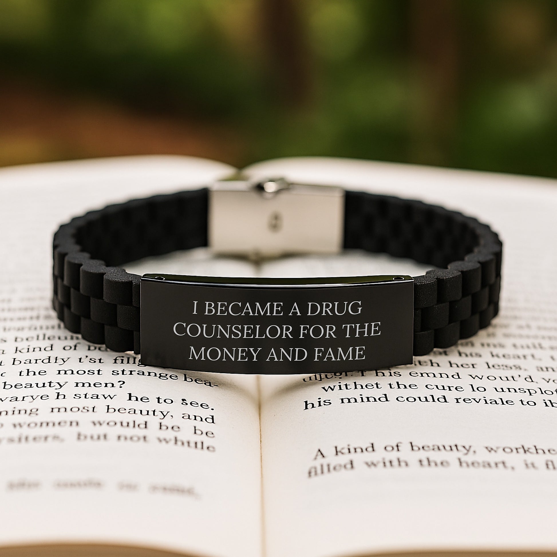 Funny Gift for Drug Counselor, Glide lock Clasp Bracelet, Funny Quote - Gifts from Family for Christmas Unique Gifts, Black Stainless Steel, Adjustable, Premium Bag - Image 2