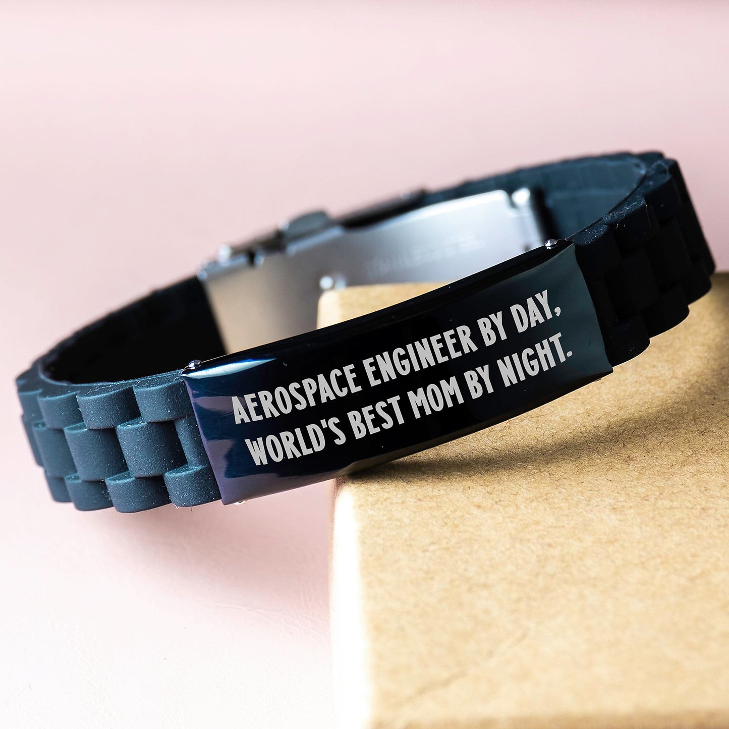 Aerospace Engineer Gifts for Him, Funny Quote Glide lock Clasp Bracelet, Black Stainless Steel and Silicone, Christmas Unique Gifts - Victory Thru Vision 