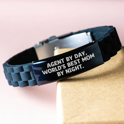 Agent By Day Funny Quote Glide lock Clasp Bracelet, Gifts for Agent, Unique Christmas Unique Gifts from Family, Adjustable Black Silver Stainless Steel Silicone - Image 3