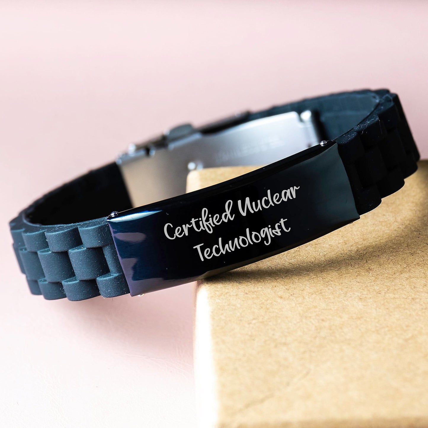 Funny Certified Nuclear Technologist Quotes Gifts from Friends to Men Glide lock Clasp Bracelet, Christmas Unique Gifts for Him, Adjustable Stainless Steel and Silicone Black - Image 3