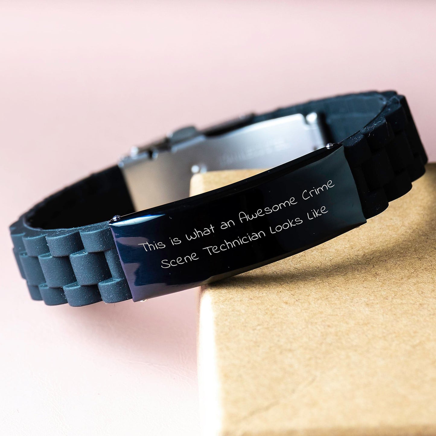 Unique Gifts from Men for Crime Scene Technician Valentine's Glide lock Clasp Bracelet - Funny Inspirational Quote, Silver Black Stainless Steel Silicone - Image 3