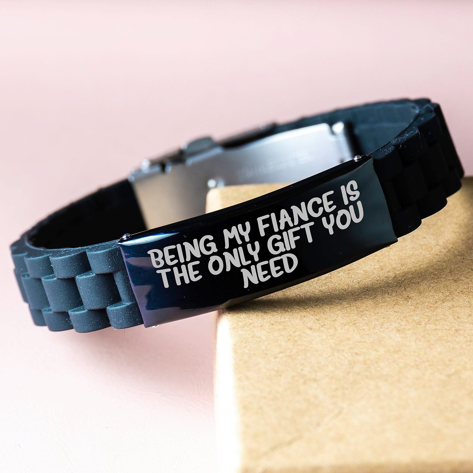 Funny Fiance Gifts from Men, Inspirational Glide lock Clasp Birthday Jewelry for Him, 'Being My Fiance Is The Only Gift You Need' Quote, Adjustable Black Stainless Steel and Silicone, Premium Bag - Image 3