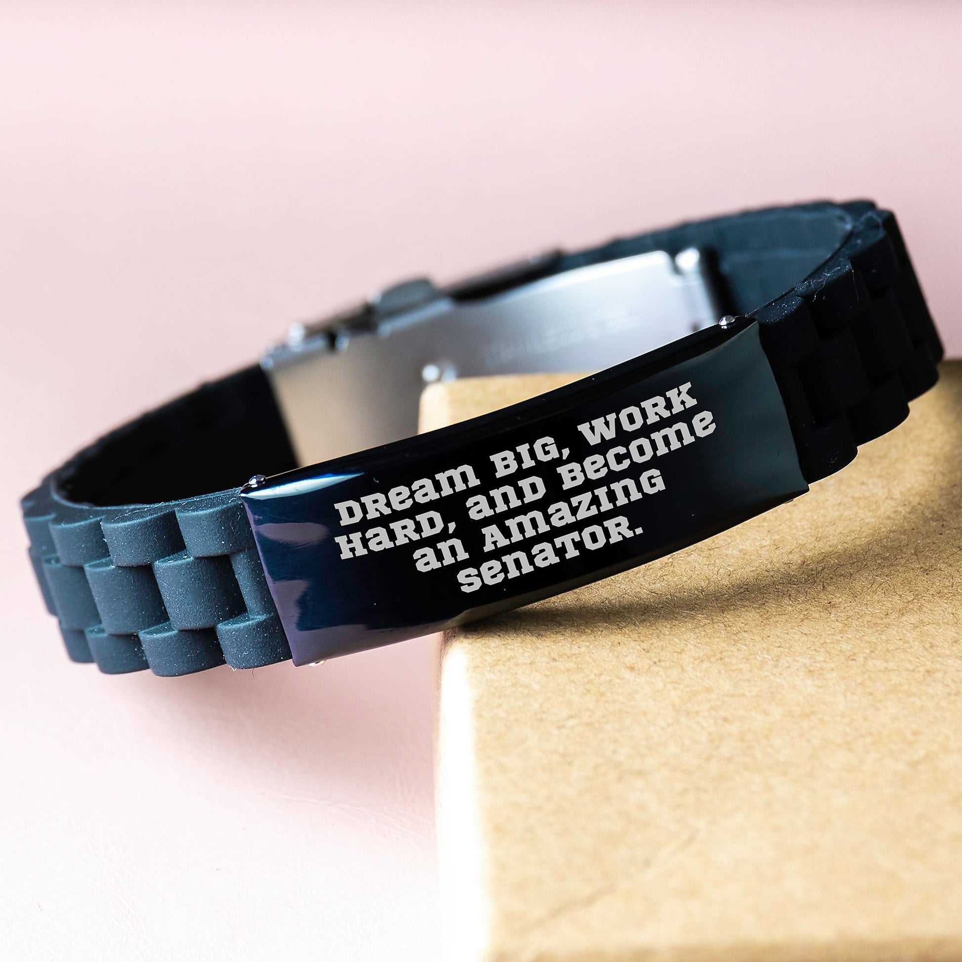 Inspirational Senator Quote Glide lock Clasp Birthday Unique Gift for Men Friends Coworkers Family, Dream Big Work Hard Become Amazing Senator, Adjustable Black Stainless Steel Silicone Silver Clasp - Image 3