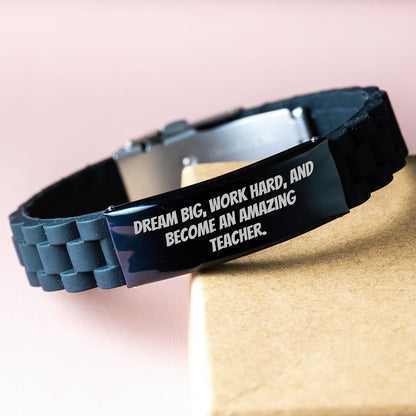 Inspirational Teacher Goals Glide lock Clasp Birthday Unique Gift from Friends for Amazing Educator, Work Hard, Dream Big - Adjustable Black Silicone Stainless Steel Men's Women's Gift - Image 3