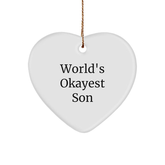 Funny Son Gifts from Mom, Heart Ornament - World's Okayest Son, Christmas Unique - Image 1