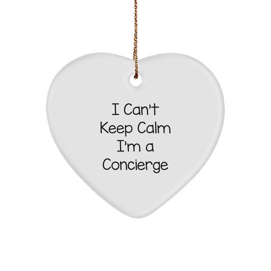 Funny Concierge Gifts from Friends for Christmas Heart Ornament I 'I Can't Keep Calm I'm A Concierge' with Gold Cord - Image 1
