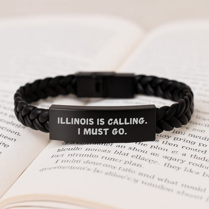 Illinois Calling Interlaced Leather Bracelet Gifts for Illinois Graduates with Funny Quote, Handcrafted with Engraved Stainless Steel - Victory Thru Vision