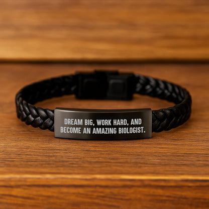 Inspirational Biologist Gifts from Men to Men, Unique Interlaced Leather Bracelet for Birthday, 'Dream Big, Work Hard, And Become An Amazing Biologist.' Quote, Stainless Steel and PU Leather Combo - Victory Thru Vision