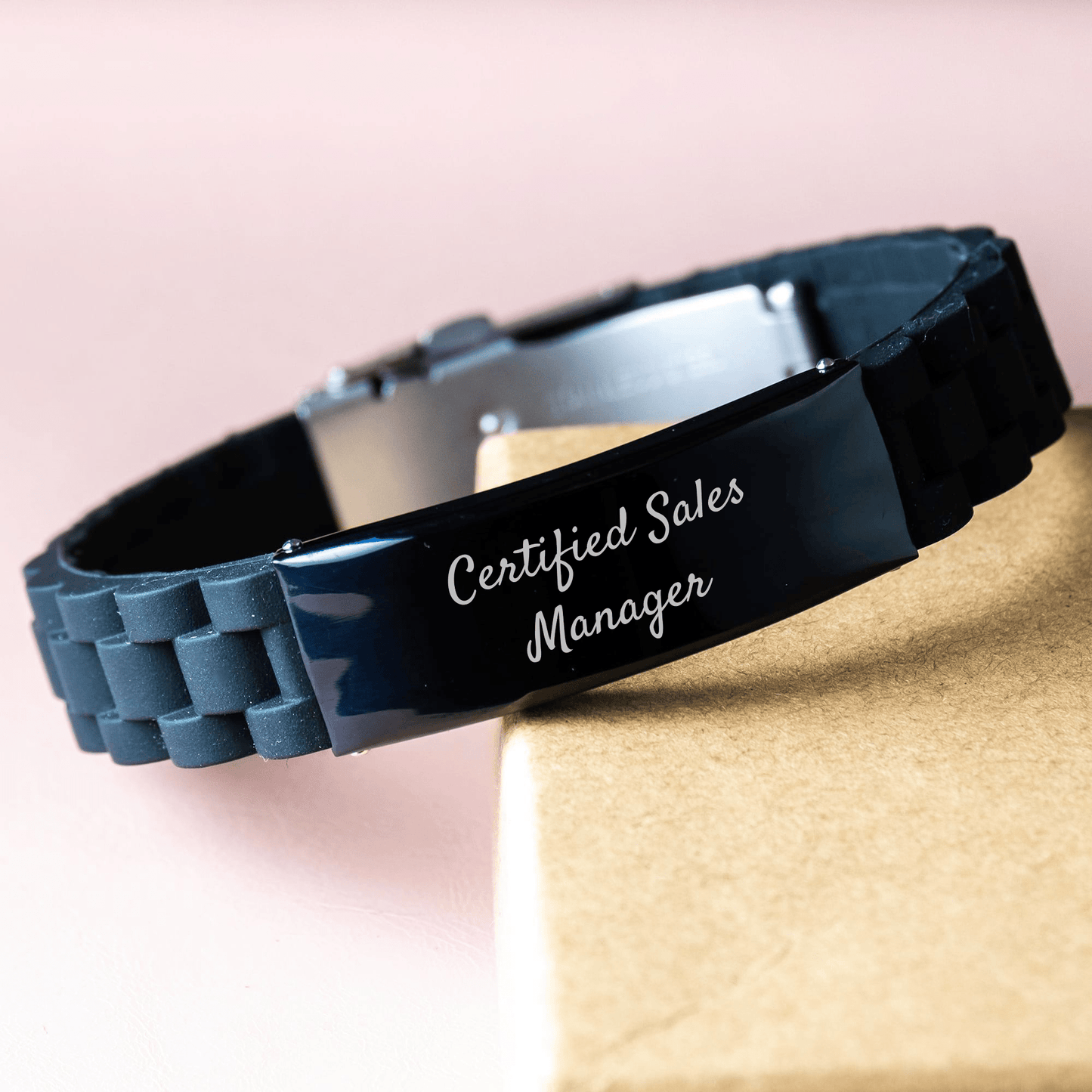 Inspirational Certified Sales Manager Gifts from Men - Glide lock Clasp Black Stainless Steel Silicone Adjustable Father's Day Unique Presents for Sales Manager - Victory Thru Vision 