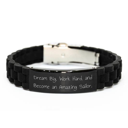 Inspiring Sailor Gifts for Men - Funny Quote Glide lock Clasp Bracelet, Adjustable Black Stainless Steel, Silicone, and Silver, Gifts from Friends, Perfect Graduation Unique Gifts for Sailor - Victory Thru Vision