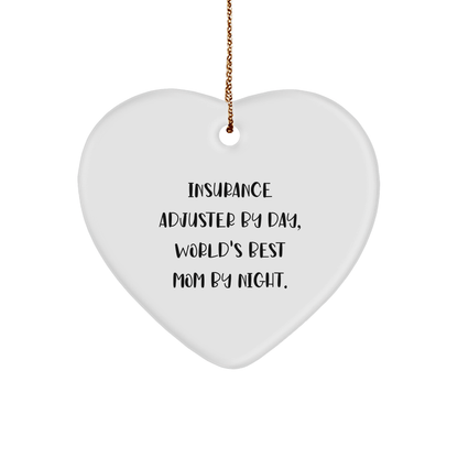 Insurance Adjuster Gifts for Christmas - 'Insurance Adjuster By Day, World's Best Mom By Night.' Heart Ornament, Funny Quote, White, Heart Shaped, 2.75" tall, Gifts from Mom for Insurance Adjuster - Victory Thru Vision 