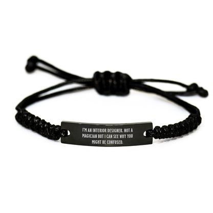 Interior Designer Gifts from Friends - Funny Quote Rope Bracelet for Graduation, Adjustable Black Stainless Steel with Interlaced Rope, Engraved, Gifts for Interior Designer - Victory Thru Vision
