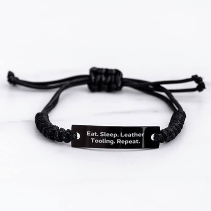Leather Tooling Enthusiasts Eat. Sleep. Leather Tooling. Repeat. - Adjustable Black Rope Bracelet for Men's Leather Tooling Gifts from Family - Victory Thru Vision 
