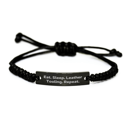 Leather Tooling Enthusiasts Eat. Sleep. Leather Tooling. Repeat. - Adjustable Black Rope Bracelet for Men's Leather Tooling Gifts from Family - Victory Thru Vision 