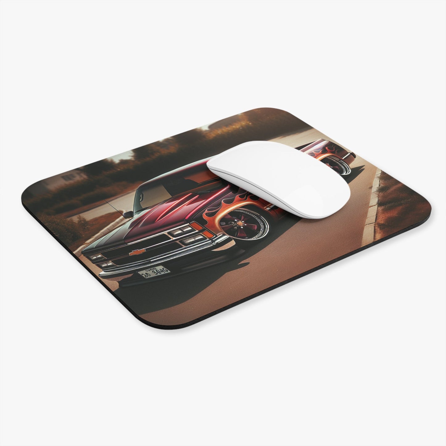 Lowered Chevy Truck with Flames Designed Mouse Pad, Chevy Truck Decor, Gamer Gift, Office Accessory, Car Enthusiast, Desk Essentials - Victory Thru Vision 