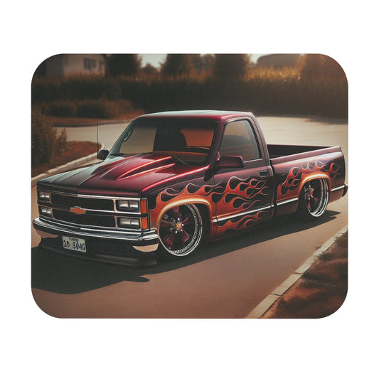 Lowered Chevy Truck with Flames Designed Mouse Pad, Chevy Truck Decor, Gamer Gift, Office Accessory, Car Enthusiast, Desk Essentials - Victory Thru Vision 