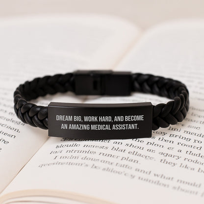 Medical Assistant Graduation Gifts from Family - Interlaced Leather Bracelet with 'Dream Big, Work Hard, And Become An Amazing Medical Assistant.' Quote - Victory Thru Vision